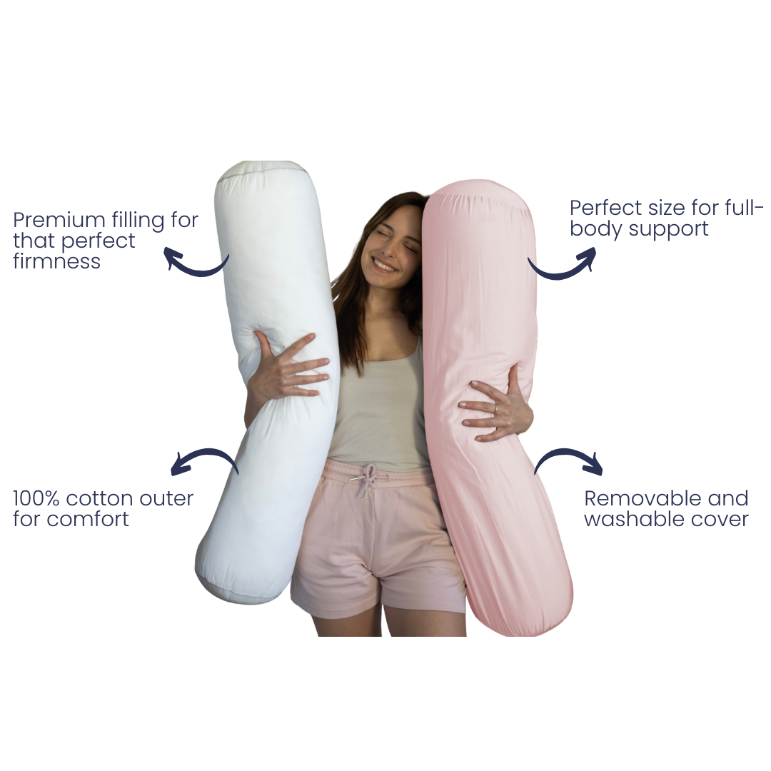 Body pillow bolster showing medium firm support and ergonomic design